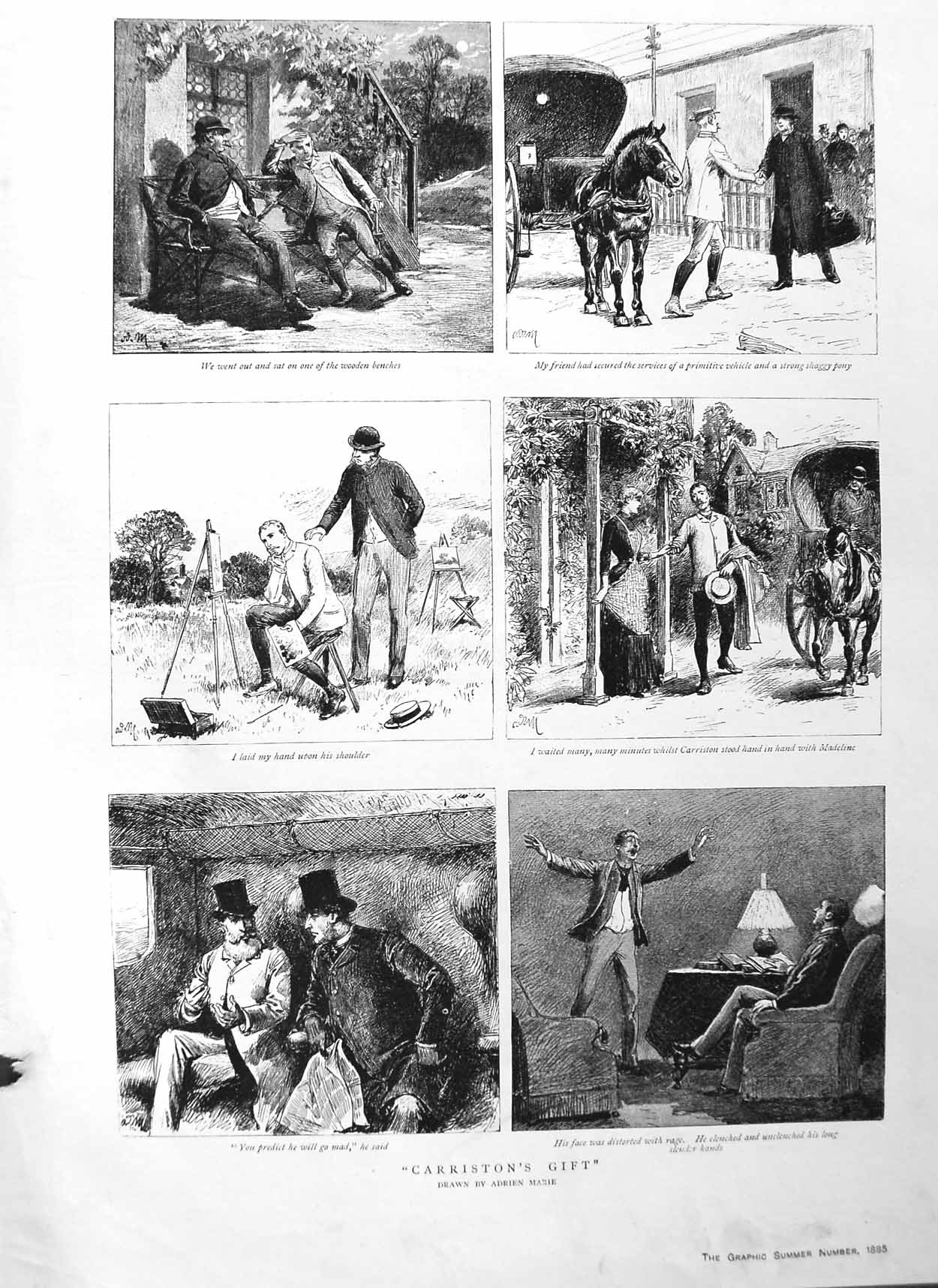 Old Antique Print 1885 Garriston Man Painting Train Horses Carriage House 19th