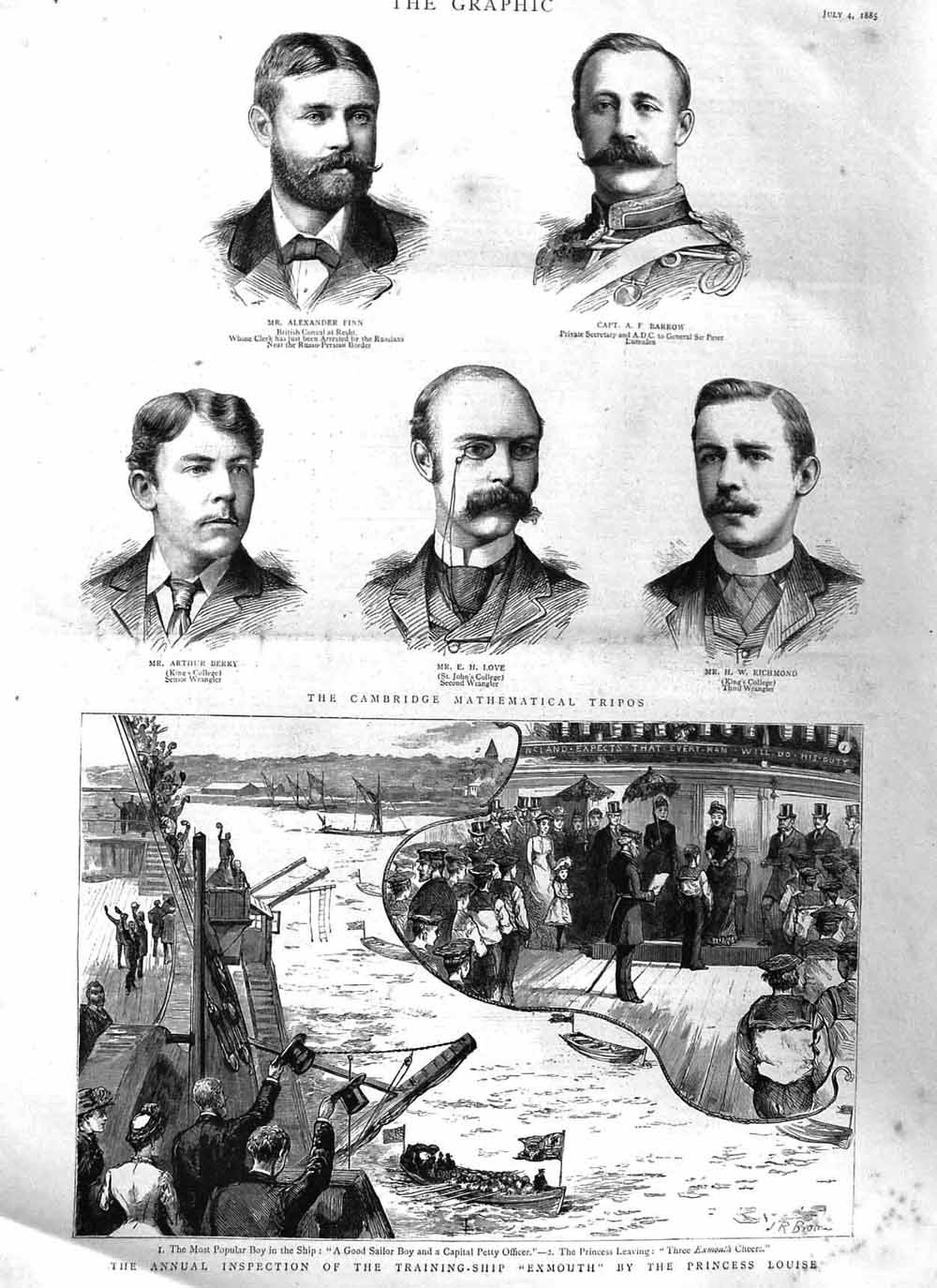 Old Antique Print 1885 Ship Exmouth Princess Louise Cambridge Finn Love 19th