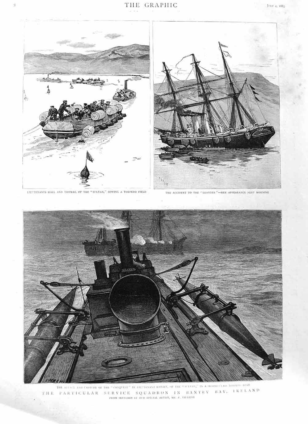 Old Antique Print 1885 Bantry Bay Ireland Conquest Sultan Leander Ships 19th
