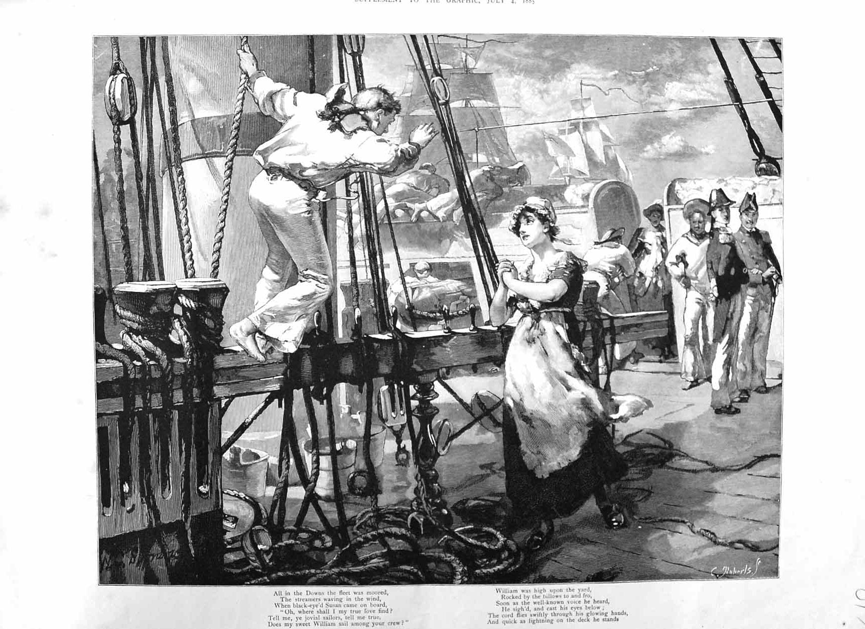 Original Old Antique Print 1885 Fine Art War Ship Black-Eyed Susan Romance 19th