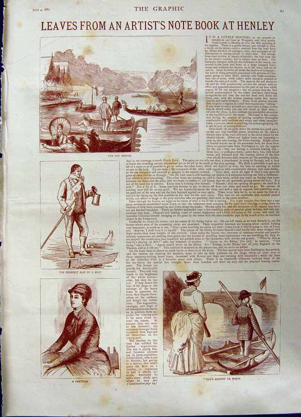 Original Old Antique Print 1885 Henley River Boats Partisan Marsh Eton Sport