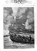 Original Old Antique Print 1885 Fine Art War Night Attack Boom Ship Bantry 19th