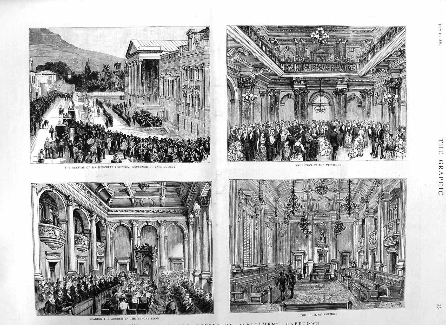 Original Old Antique Print 1885 New Houses Parliament Capetown Africa Robinson