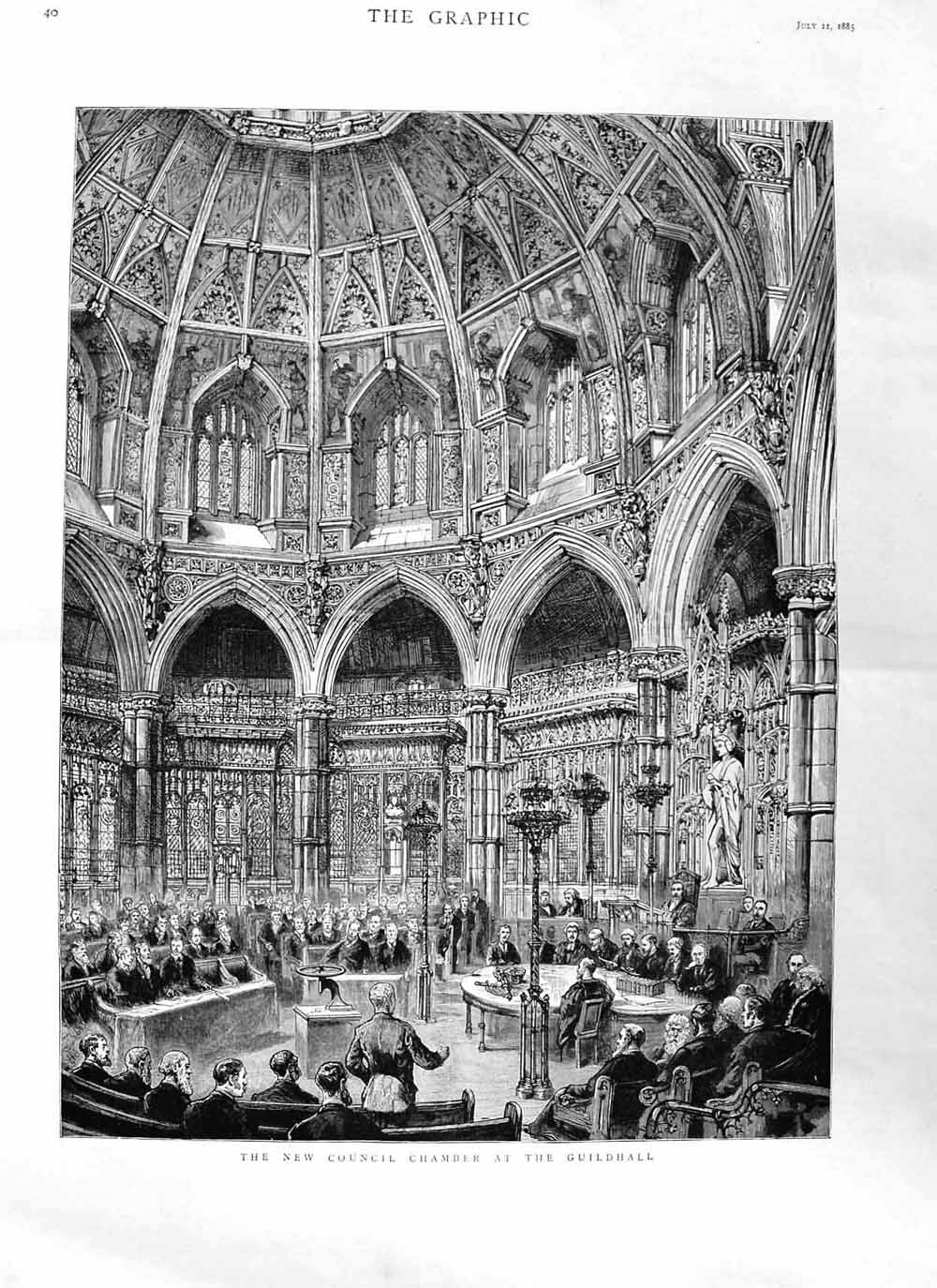 Original Old Antique Print 1885 New Council Chamber Guildhall Architecture 19th
