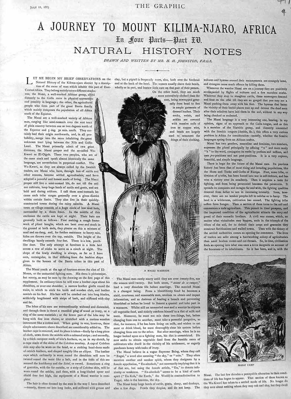Old Antique Print 1885 Mount Kilimanjaro Africa Masia Warrior Part Four 0 19th