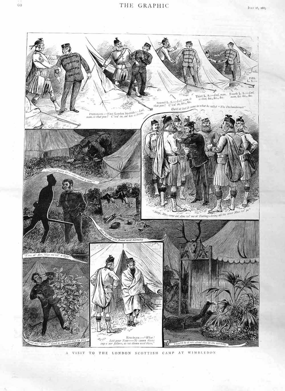 Original Old Antique Print 1885 London Scottish Camp Wimbledon Sier Victorian