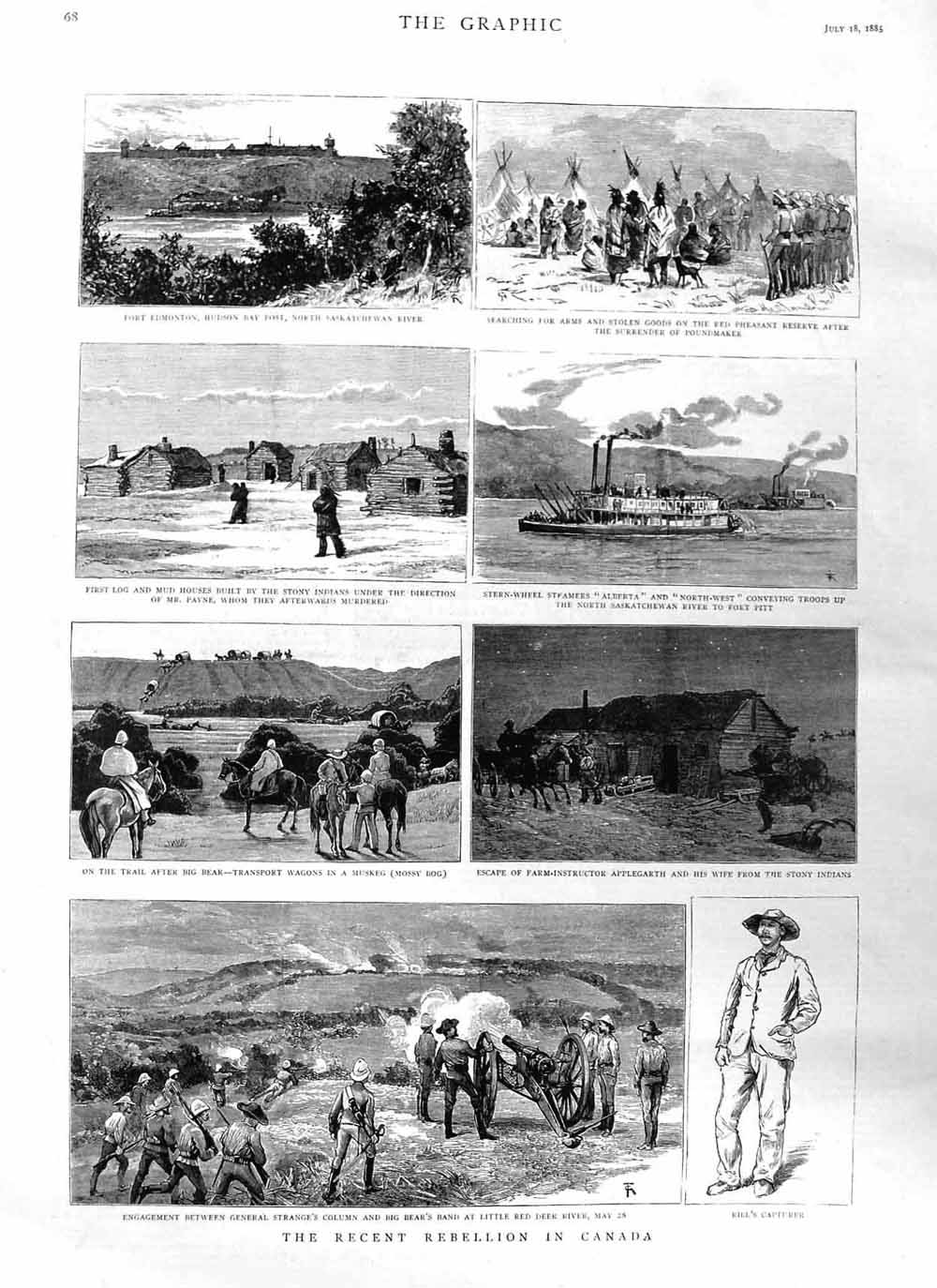 Original Old Antique Print 1885 Rebellion Canada General Strange Red Deer River