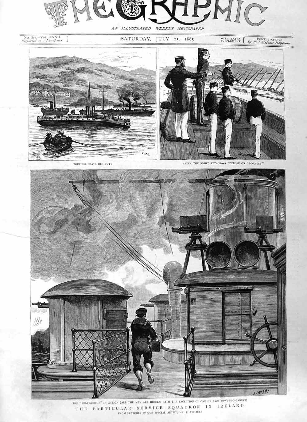 Old Antique Print 1885 Polyphemus Ship Service Squadron Ireland Sailors 19th