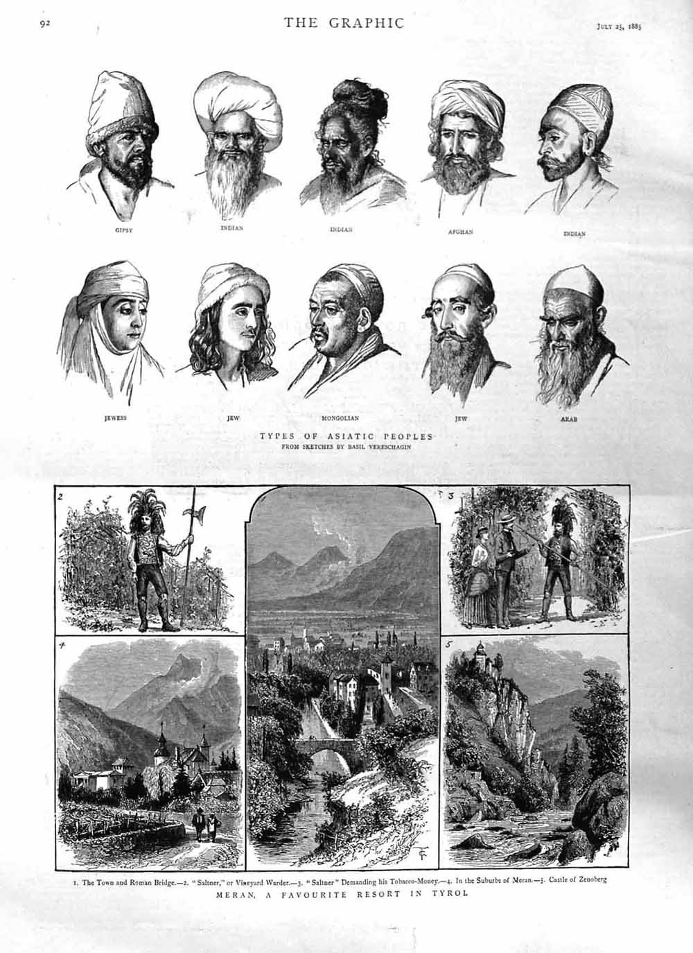 Original Old Antique Print 1885 Asiatic People Jew Indian Arab Meran Tyrol 19th