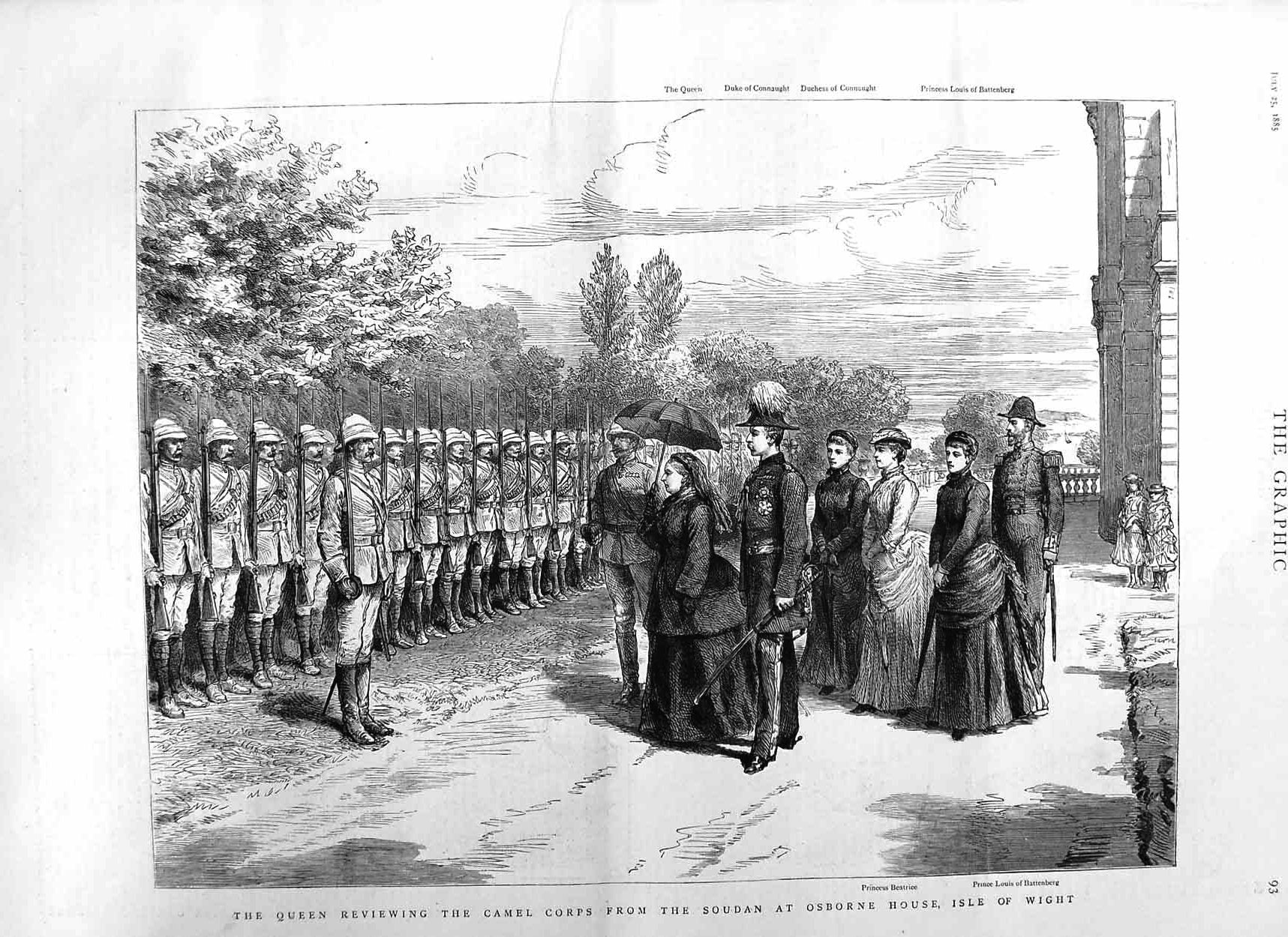Original Old Antique Print 1885 Queen Camel Corps Soudan Osborne House Isl 19th