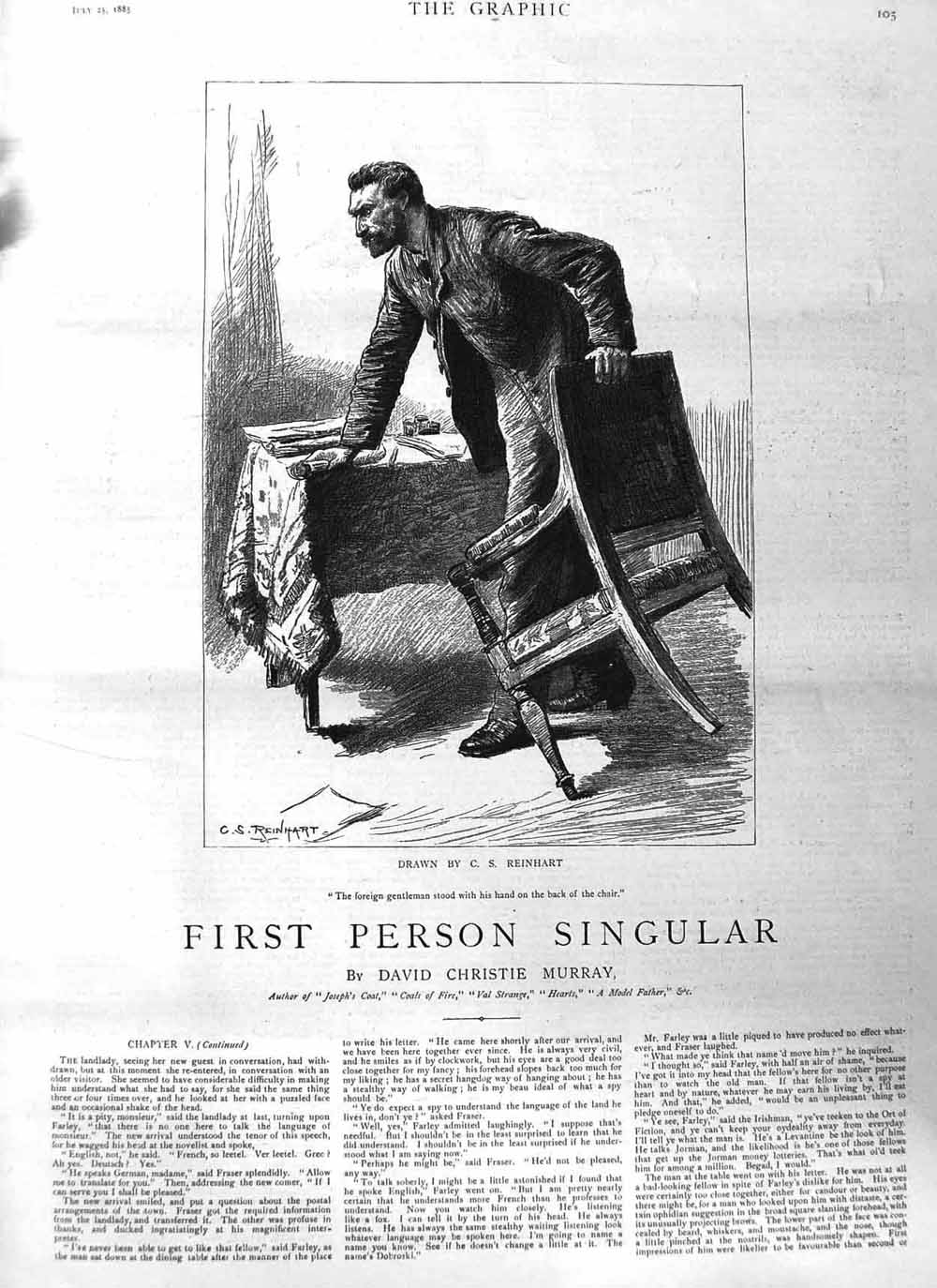 Original Old Antique Print 1885 Illustration Story Reinhart Man Chair Victorian