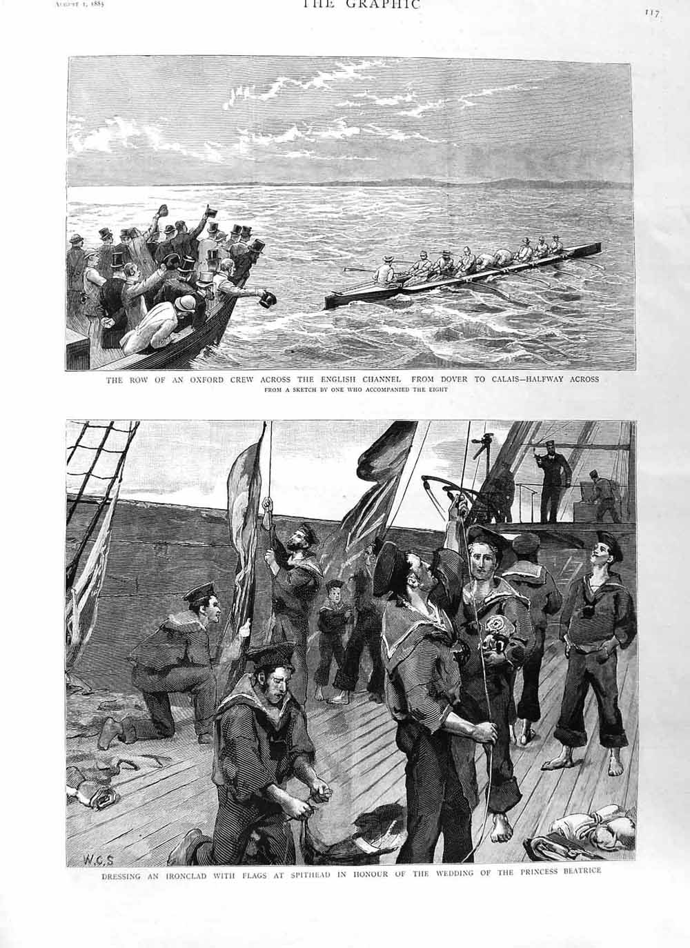 Original Old Antique Print 1885 Oxford Crew English Channel Dover Ship Spithead