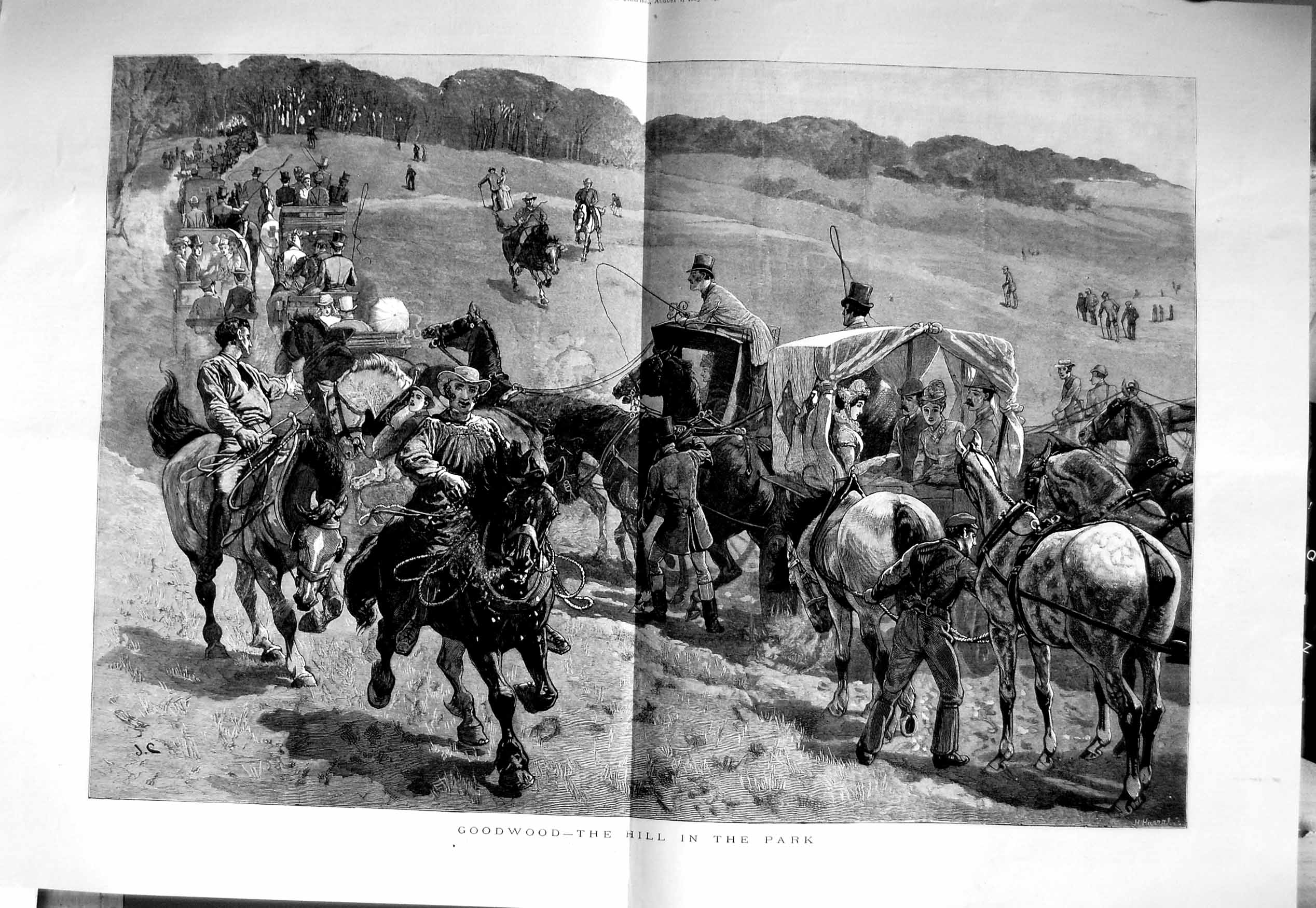 Original Old Antique Print 1885 Goodwood Horse Racing Sport Hill Park Fine Art