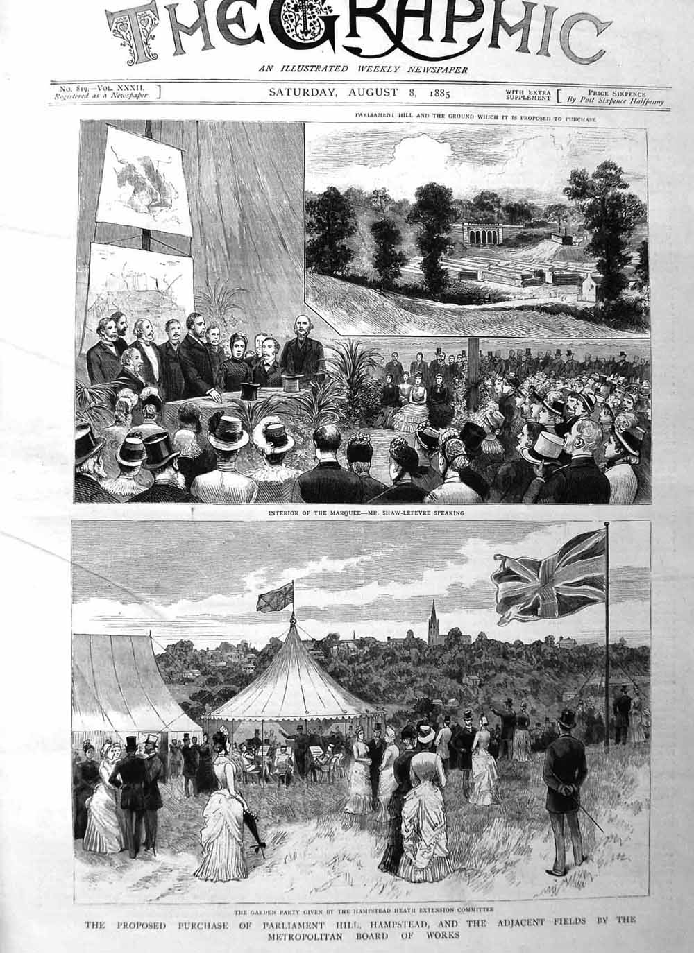 Original Old Antique Print 1885 Parliament Hill Hampstead Shaw-Lefevr Victorian