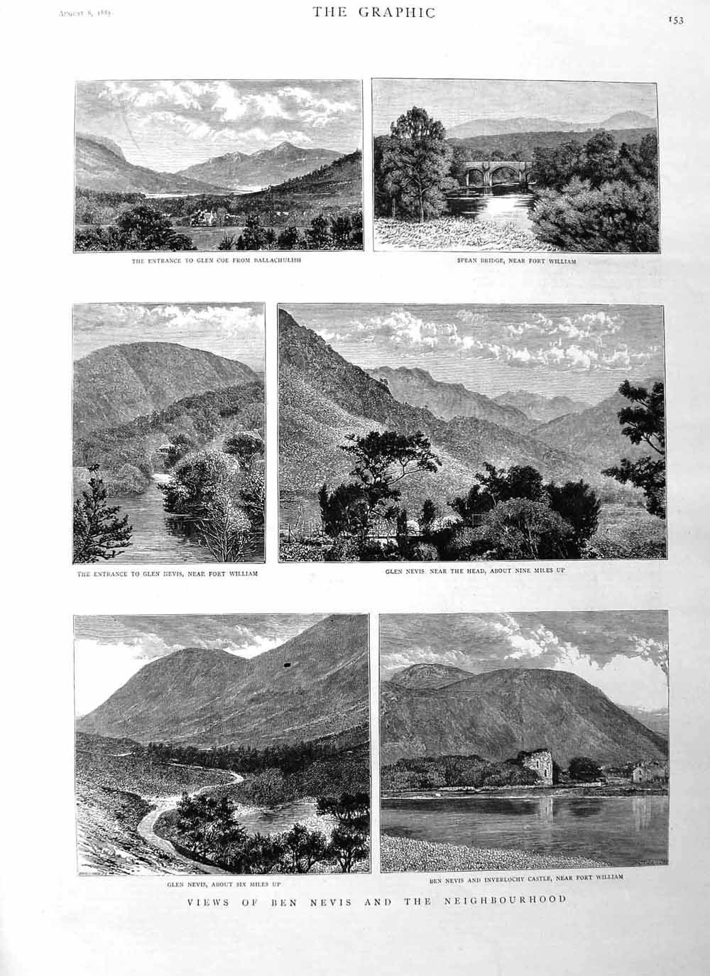Original Old Antique Print 1885 Ben Nevis Scotland Inverlochy Castle Balla 19th
