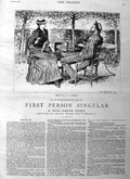 Original Old Antique Print 1885 Illustration Story Men Lady Garden Table Chairs