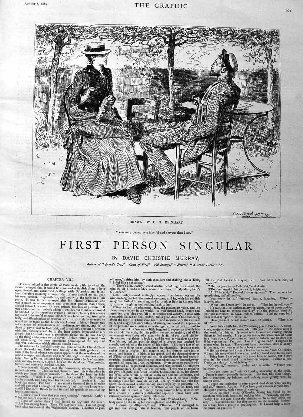 Original Old Antique Print 1885 Illustration Story Men Lady Garden Table Chairs