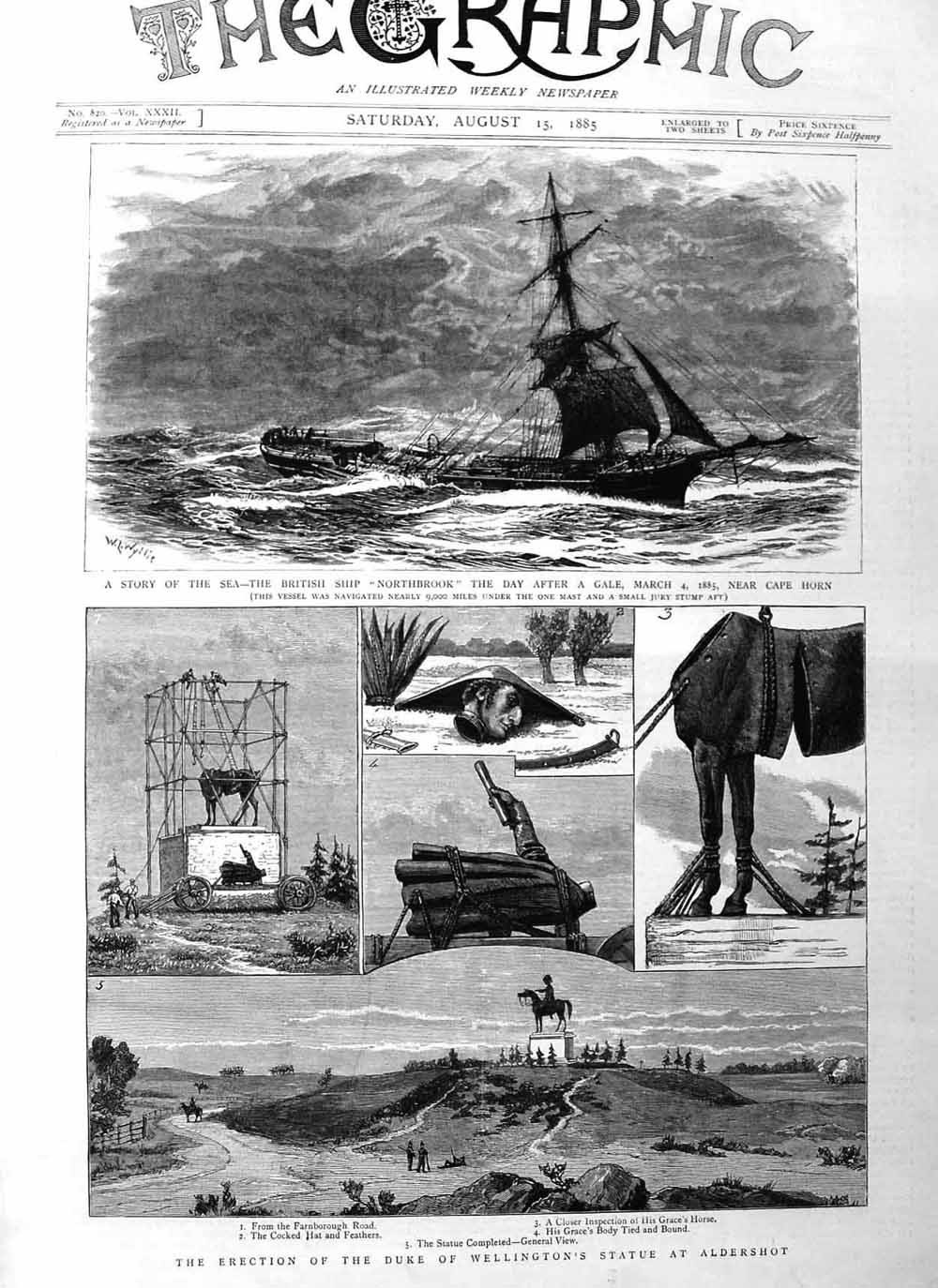 Original Old Antique Print 1885 Duke Wellington Statue Aldershot Ship Nor 19th