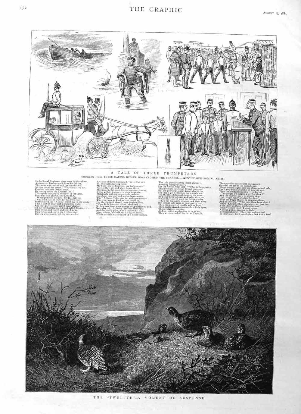 Original Old Antique Print 1885 Grouse Season Scotland Trumpeters Bugler Seirs