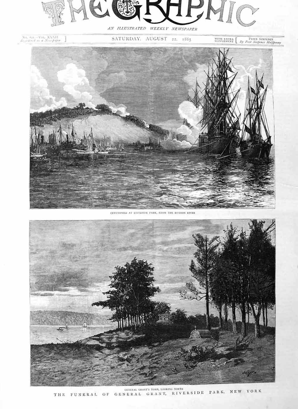 Old Antique Print 1885 Funeral General Grant New York Hudson River Tomb 19th