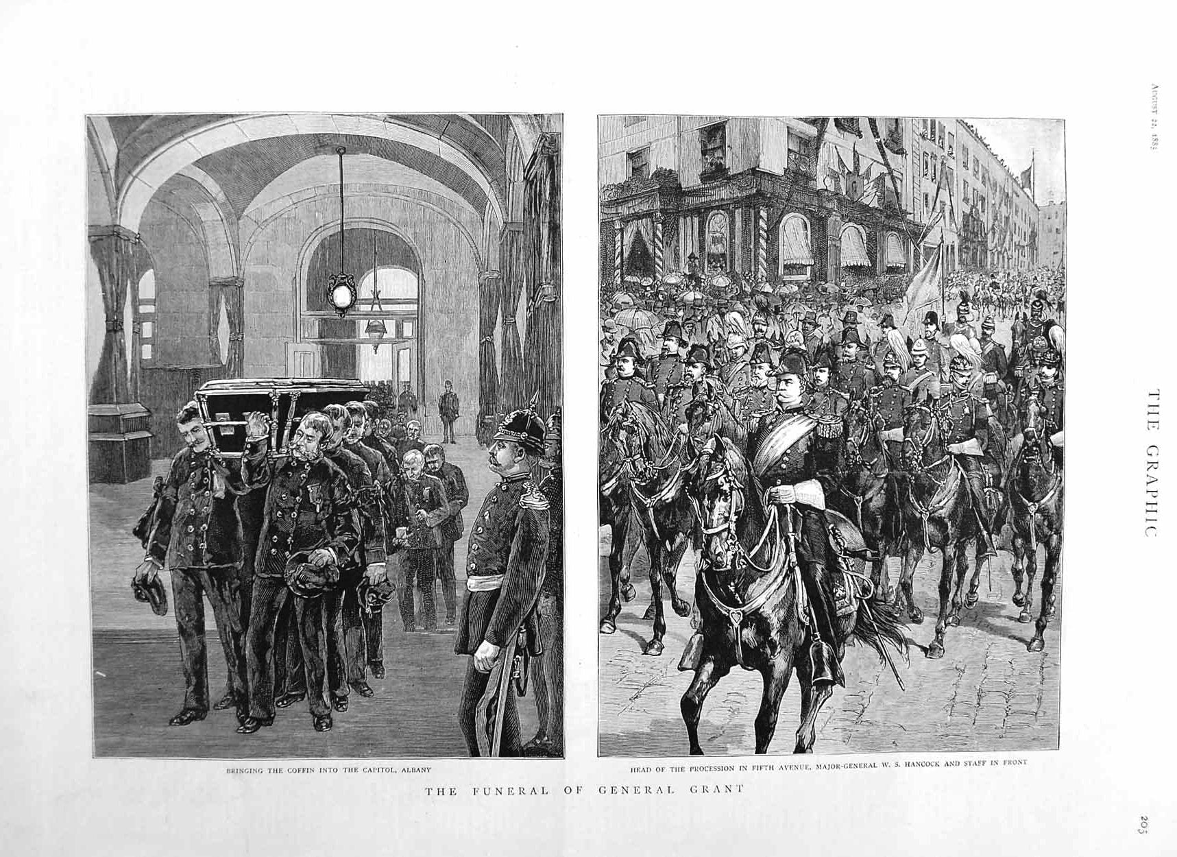 Original Old Antique Print 1885 Funeral General Grant Coffin Albany Hancock Art