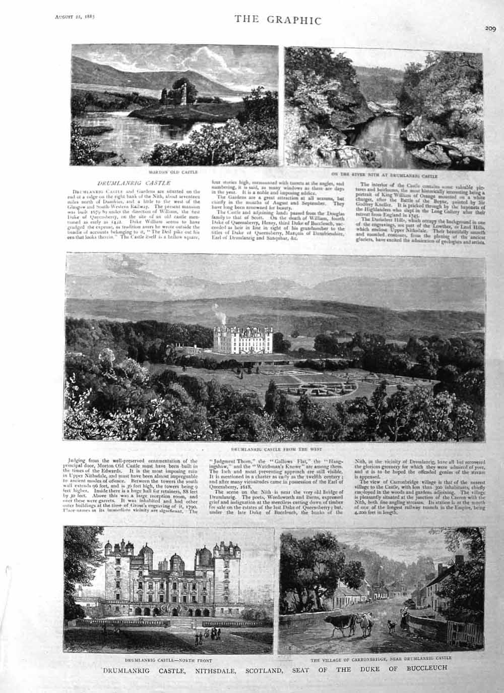 Original Old Antique Print *3095 1885 Drumlanrig Castle Nithsdale Scotland Bu