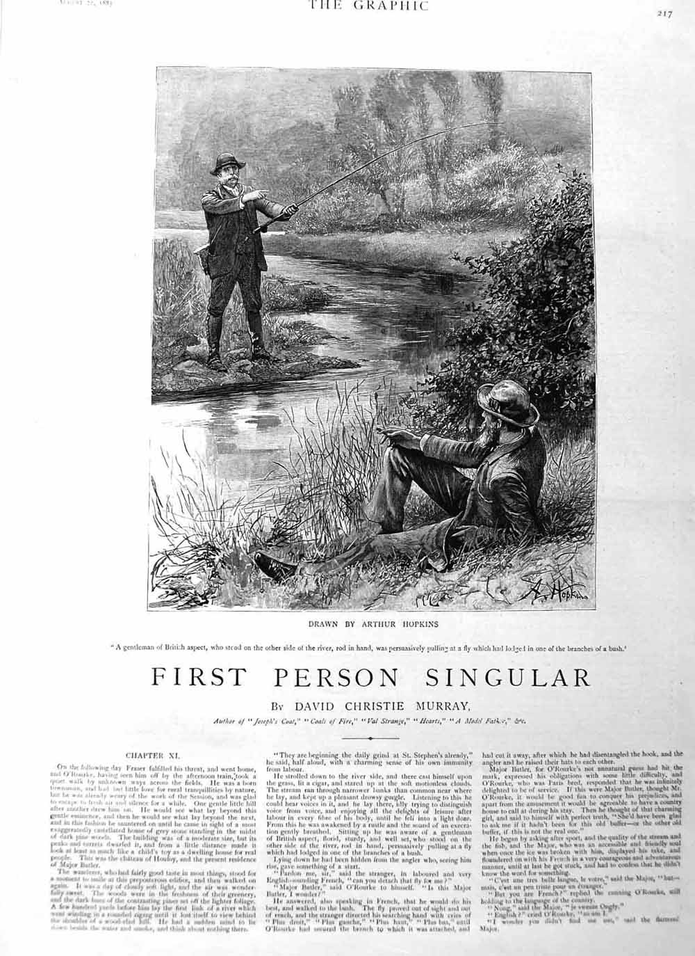 Original Old Antique Print 1885 Illustration Story Men Fly Fishing Ri Victorian