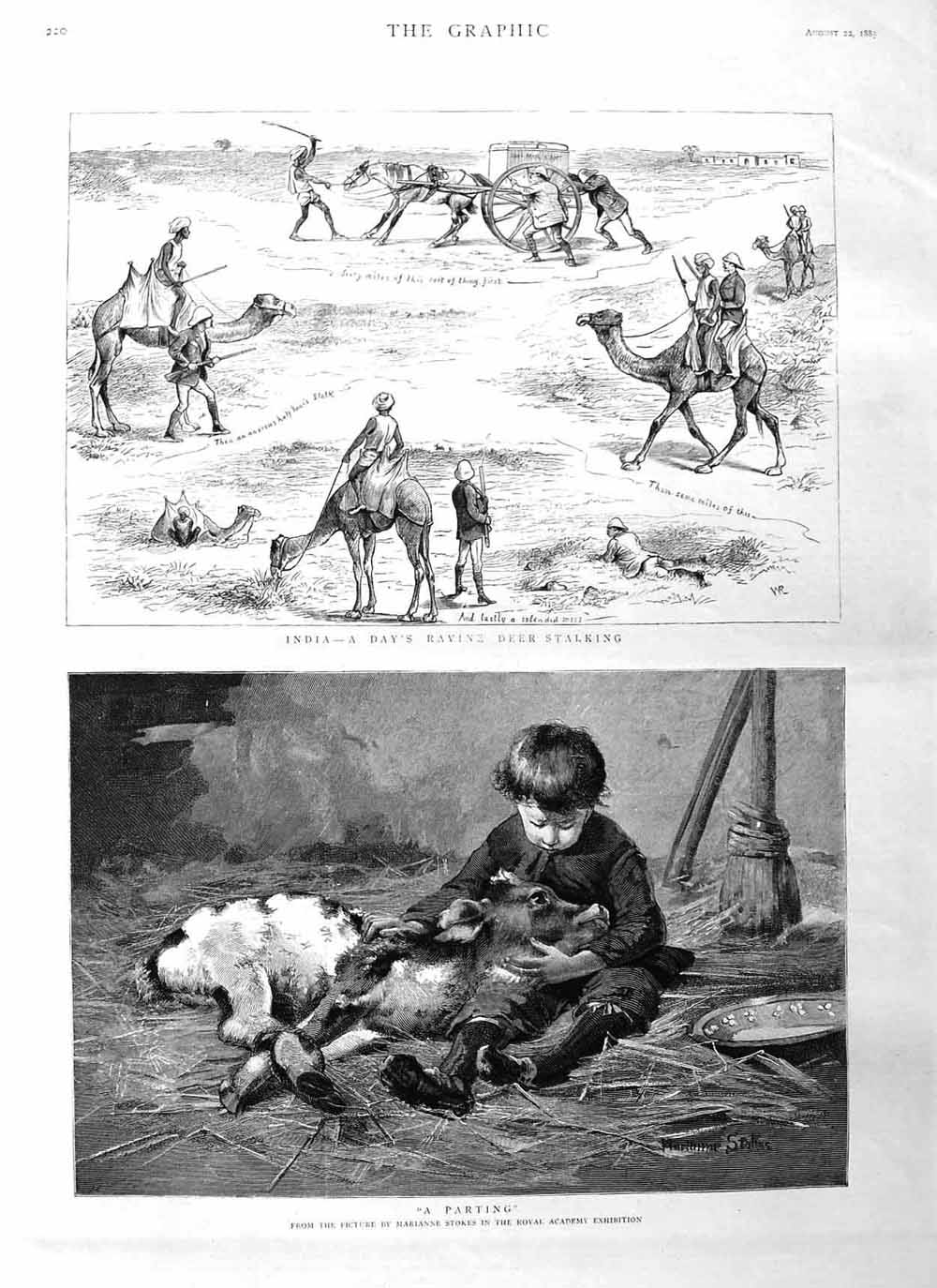 Old Antique Print 1885 India Ravine Deer Stalking Little Boy Dying Calf 19th
