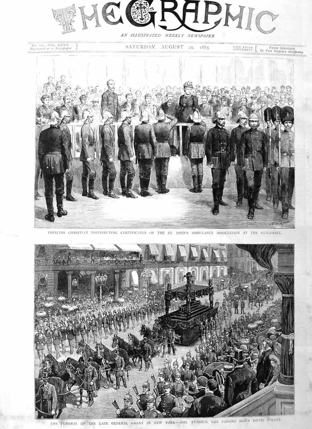 Original Old Antique Print 1885 Funeral General Grant New York John'S Ambulance