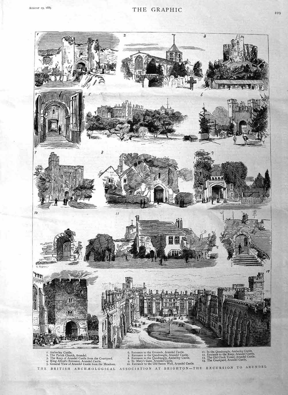 Original Old Antique Print 1885 Brighton Arundel Amberley Castle Church Sax 19th