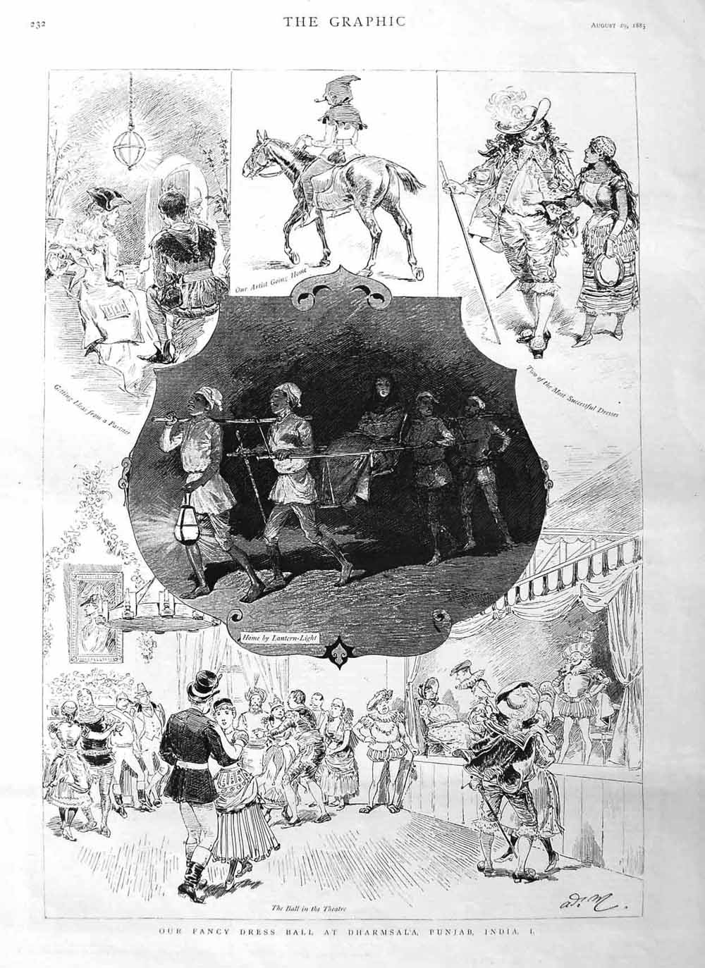 Old Antique Print 1885 Fancy Dress Ball Dharmsala Punab India Camel Horse 19th