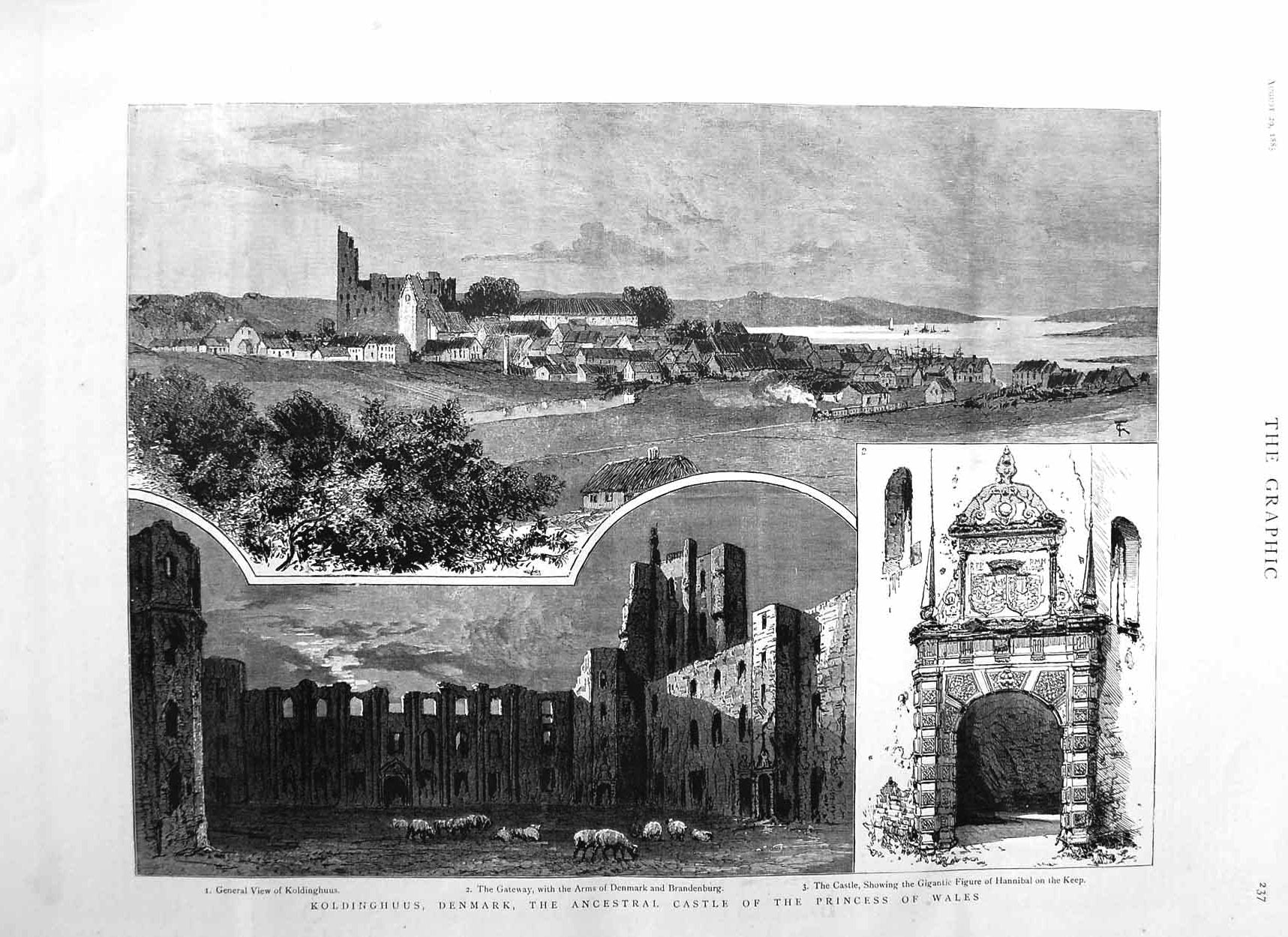 Original Old Antique Print 1885 Kinghuus Denmark Castle Princess Wales Hannibal
