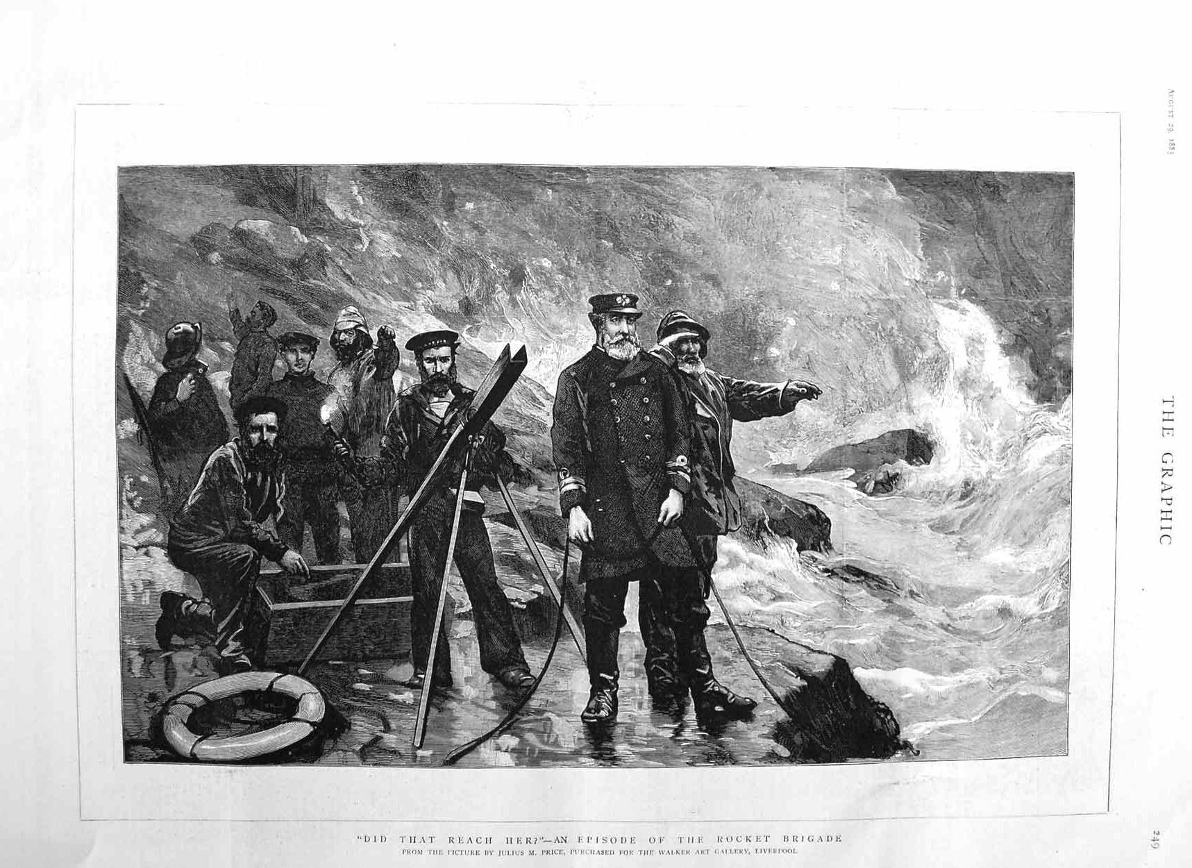 Original Old Antique Print 1885 Fine Art Sailors Rocket Brigade Stormy Sea 19th