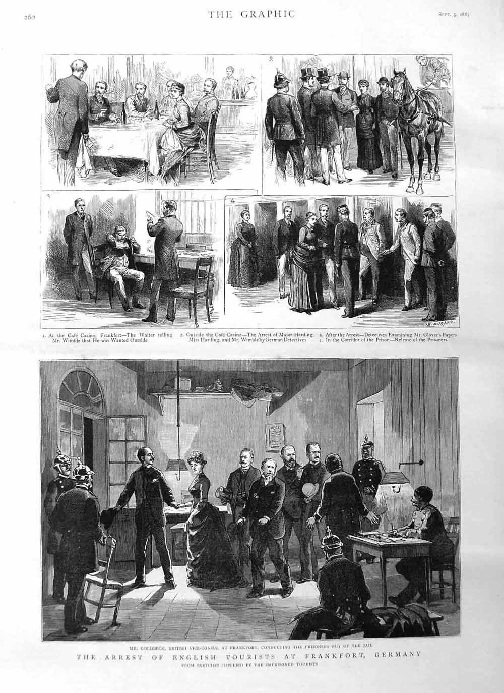 Original Old Antique Print 1885 Arrest English Tourists Frankfort Germany Gbeck