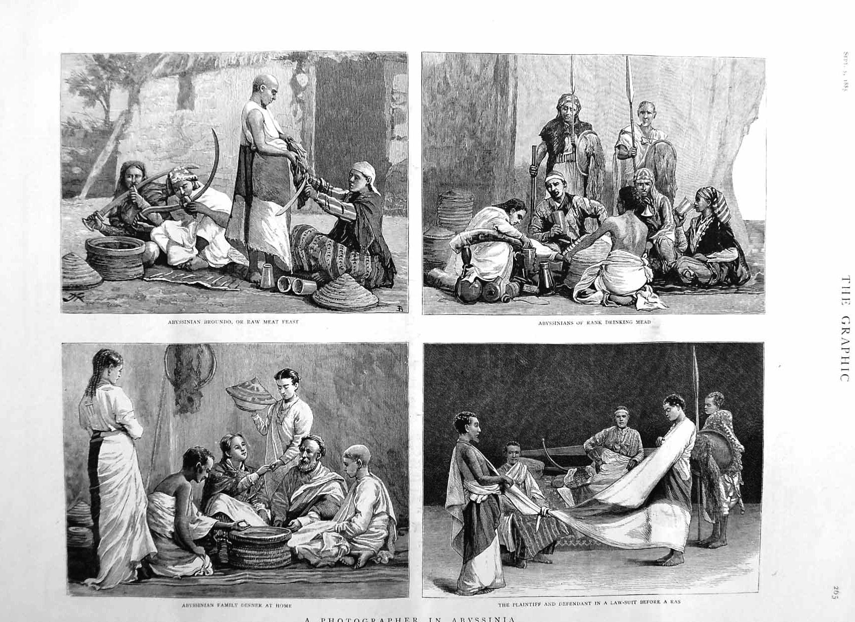 Original Old Antique Print 1885 Abyssinia Broundo Rank Drinking Mead Ras Family