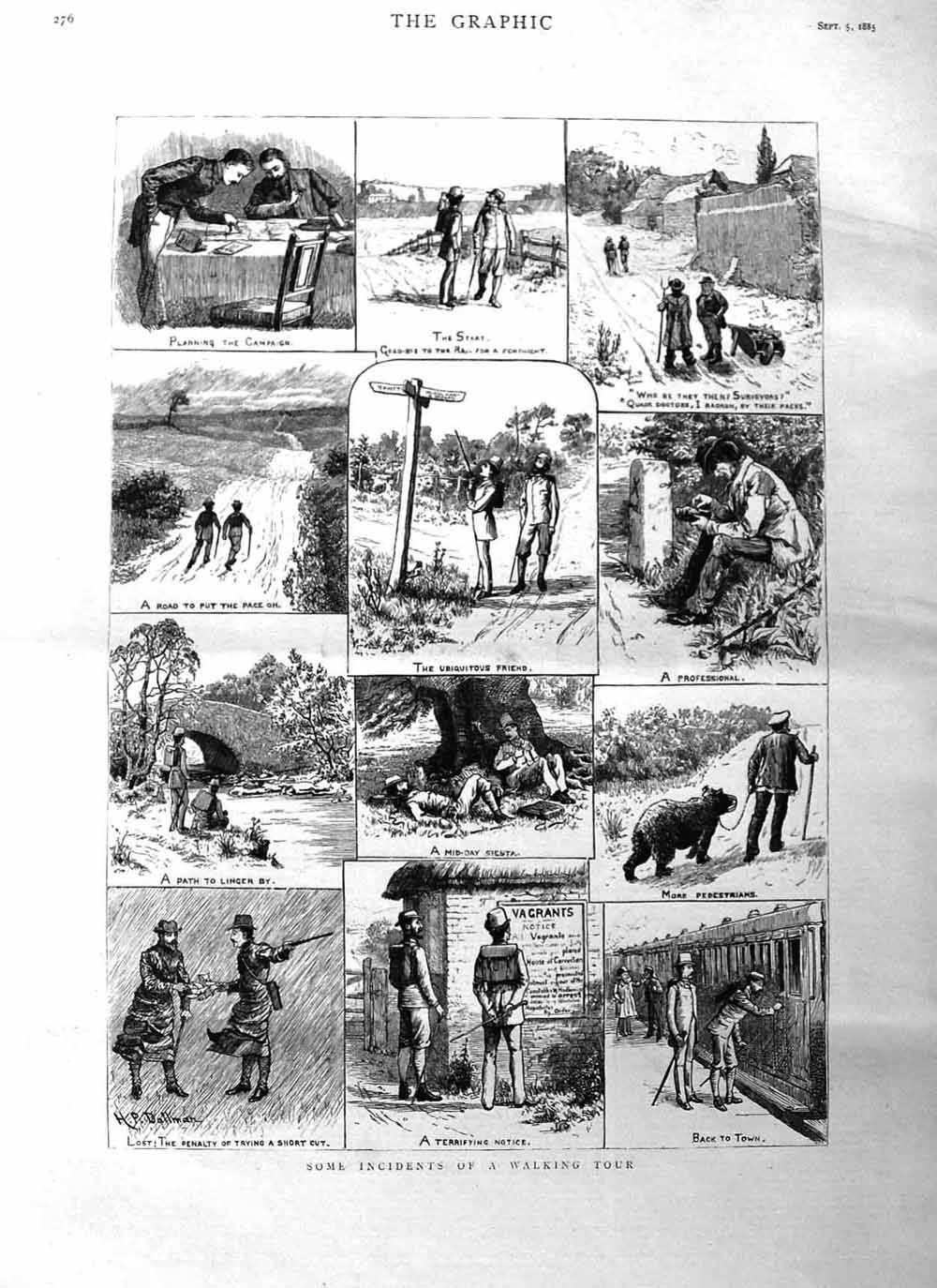 Original Old Antique Print 1885 Walking Tour Holiday Train Railway River Bridge