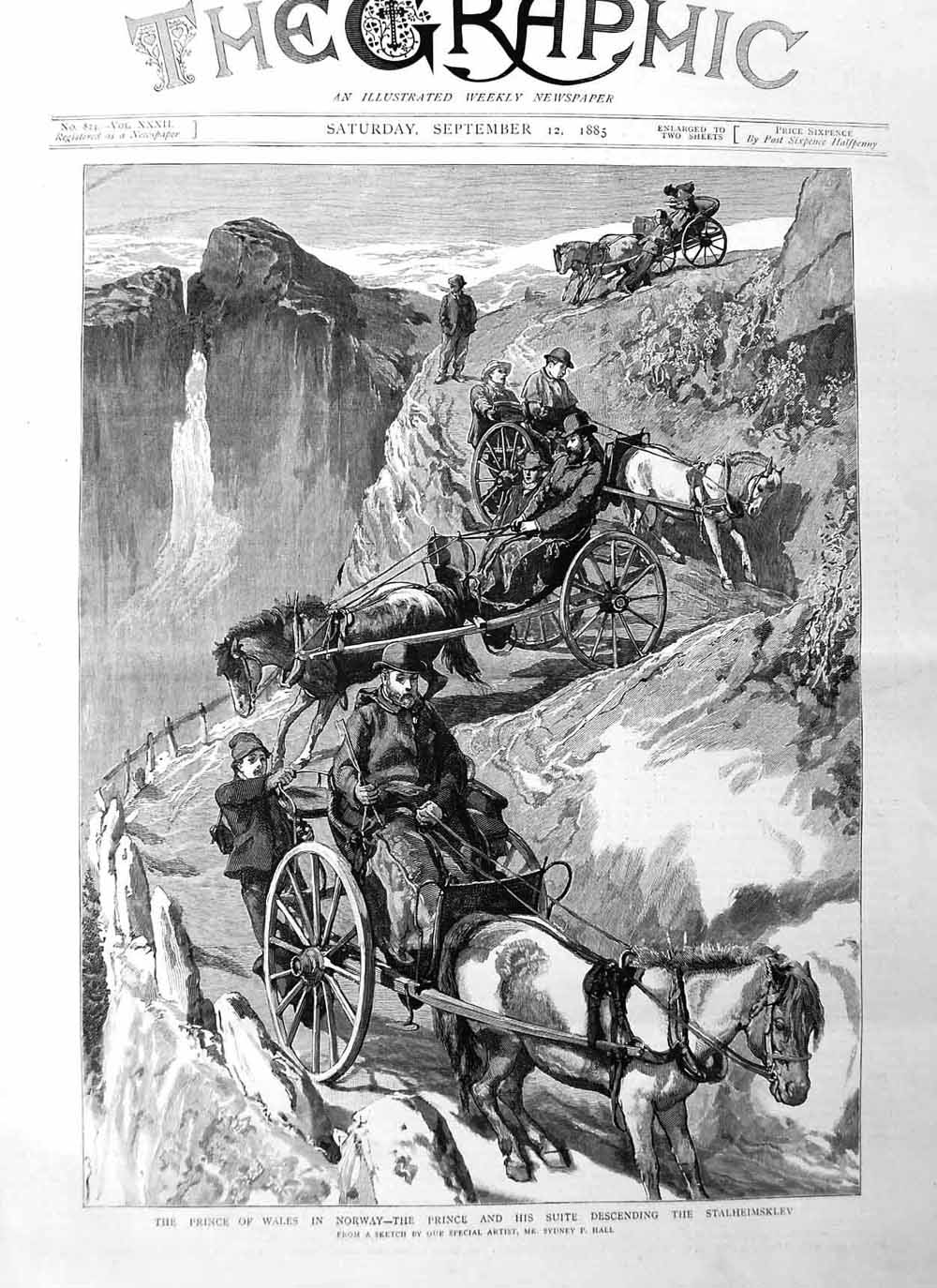 Original Old Antique Print 1885 Prince Wales Norway Stalheimsklev Horses C 19th