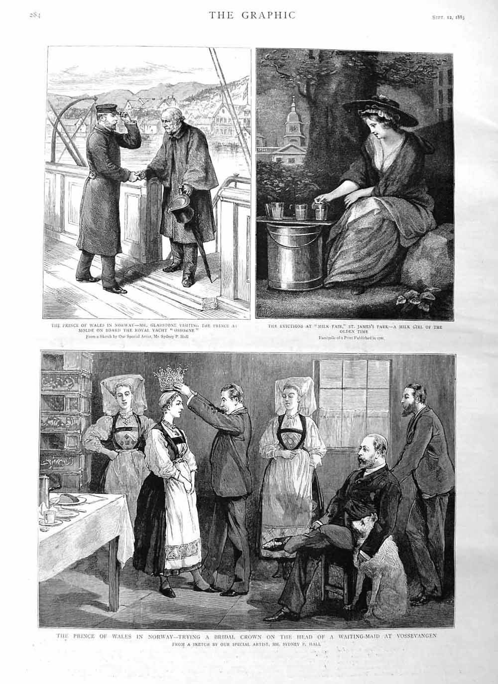 Old Antique Print 1885 Prince Wales Norway Vossevangen Gladstone Osborne 19th