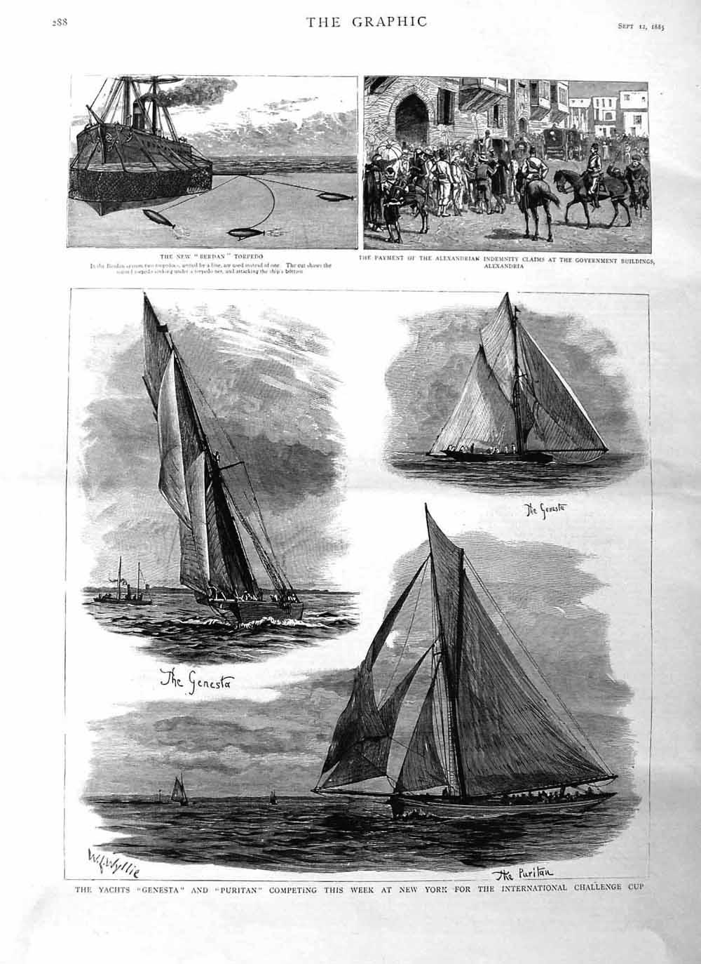 Original Old Antique Print 1885 Yachts Genesta Puritan New York Torpedo Berdan