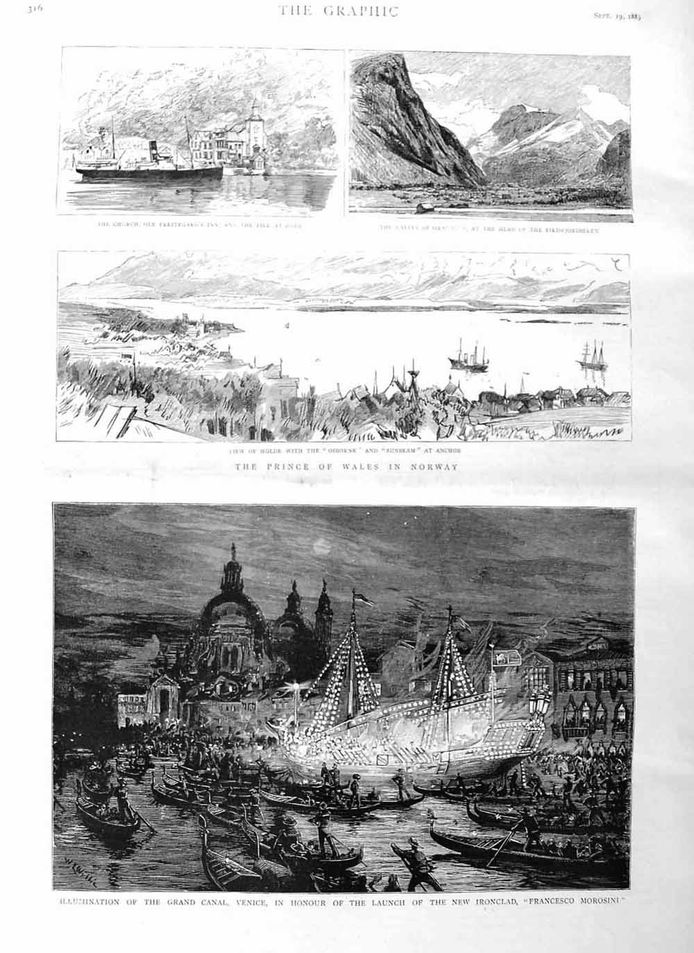 Old Antique Print 1885 Canal Venice Francesco Morosini Ship Prince Norway 19th