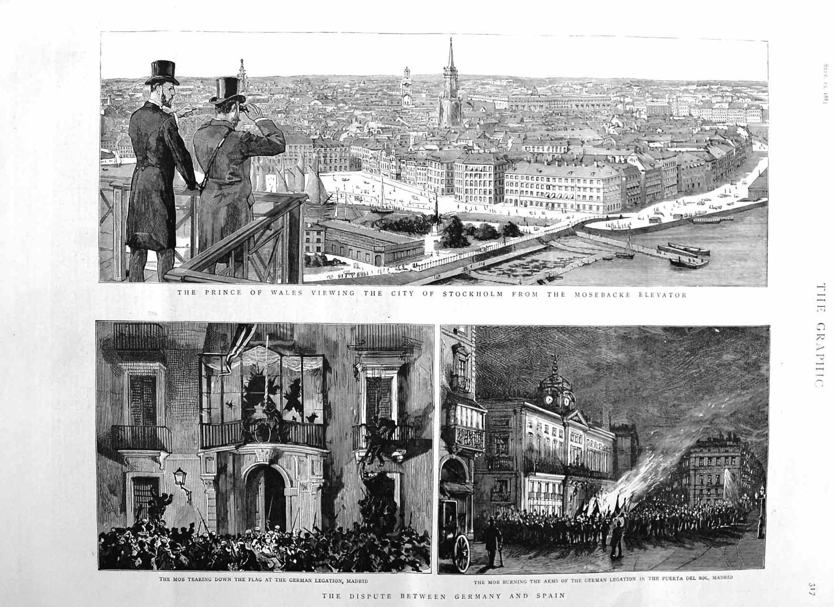 Original Old Antique Print 1885 Mob German Spain Madrid Prince Wales Stockholm