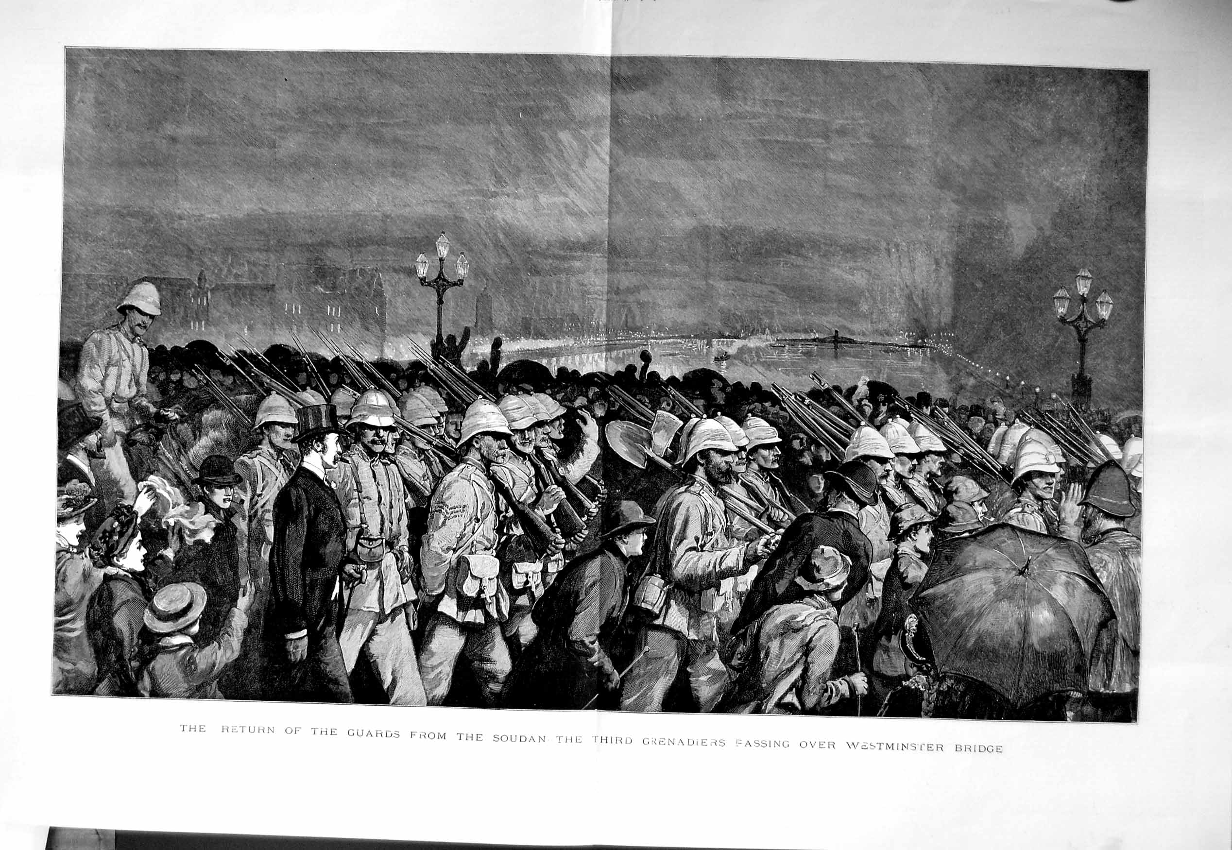 Old Antique Print 1885 Guards Soudan Grenadiers Westminster Bridge War 19th