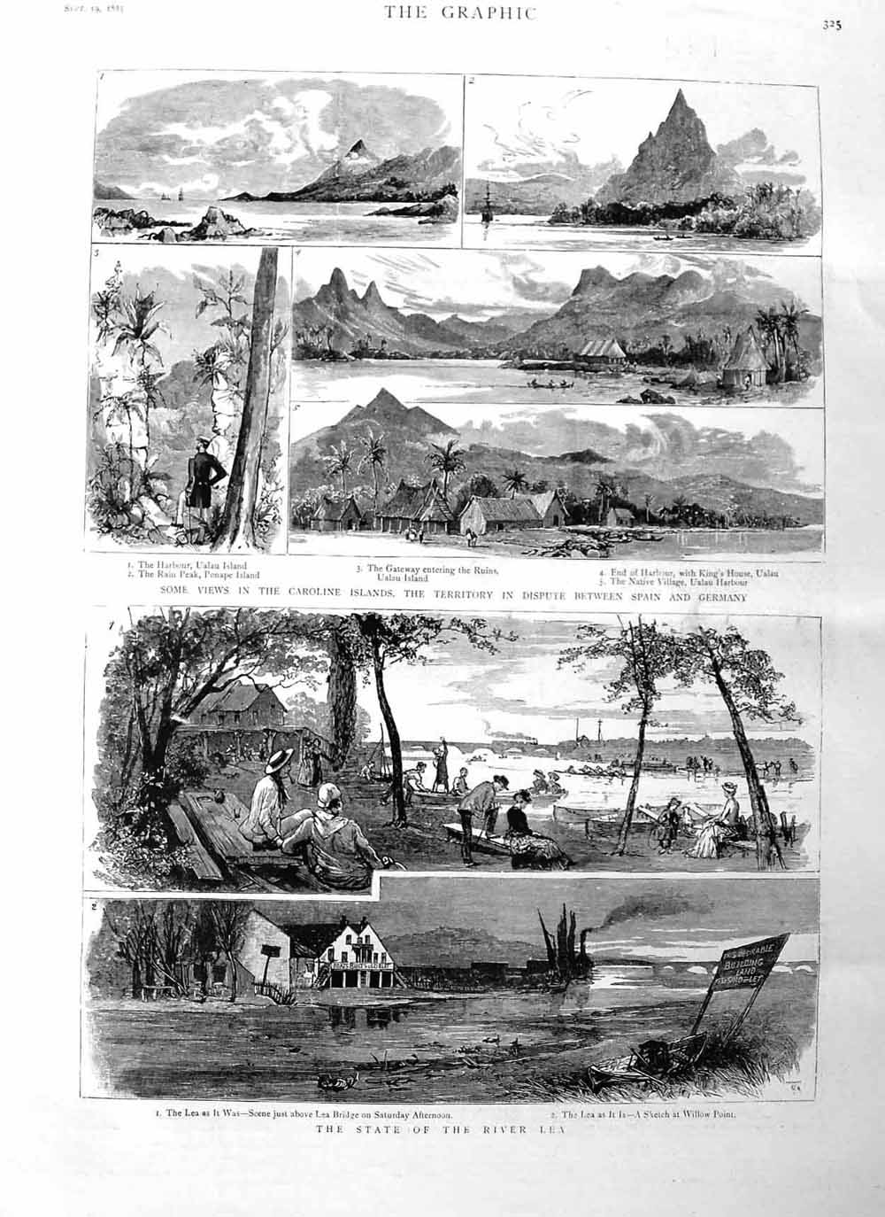 Original Old Antique Print 1885 Caroline Islands Ualau Ponape Harbour Ri 19th