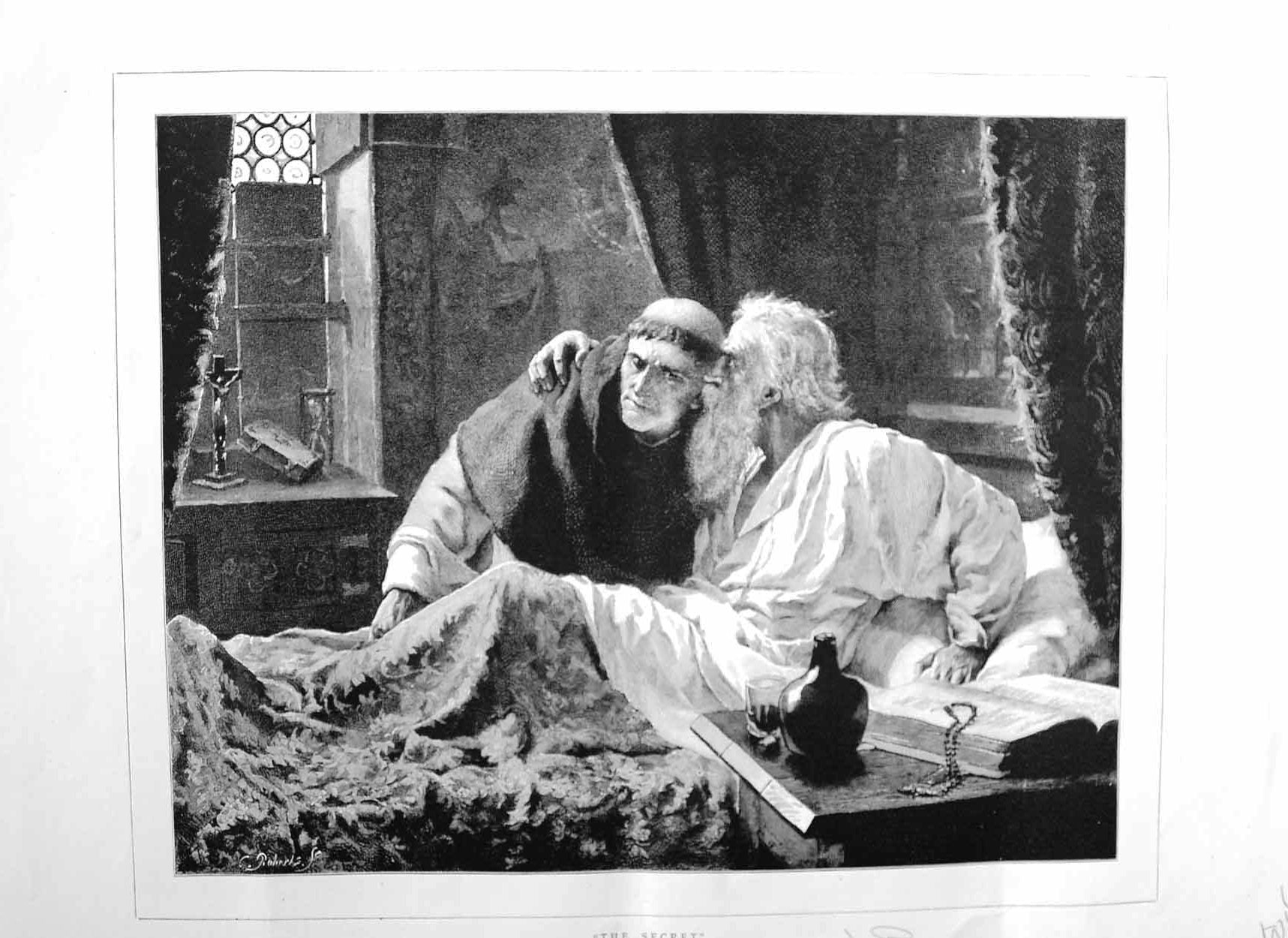Original Old Antique Print 1885 Blair Leighton Fine Art Man Secret Priest Bed