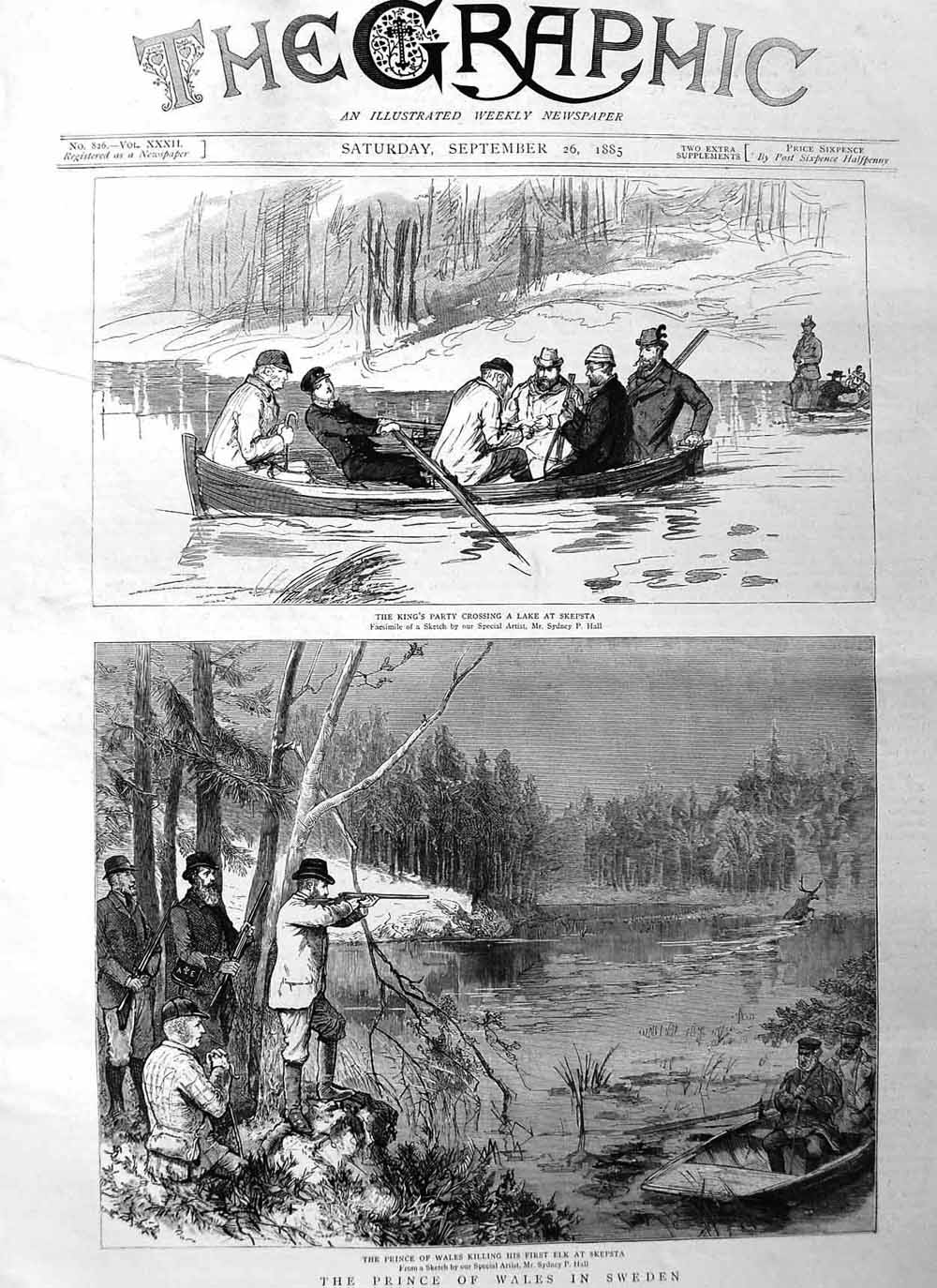 Old Antique Print 1885 Prince Wales Sweden Lake Skepsta Boat Elk Hunting 19th