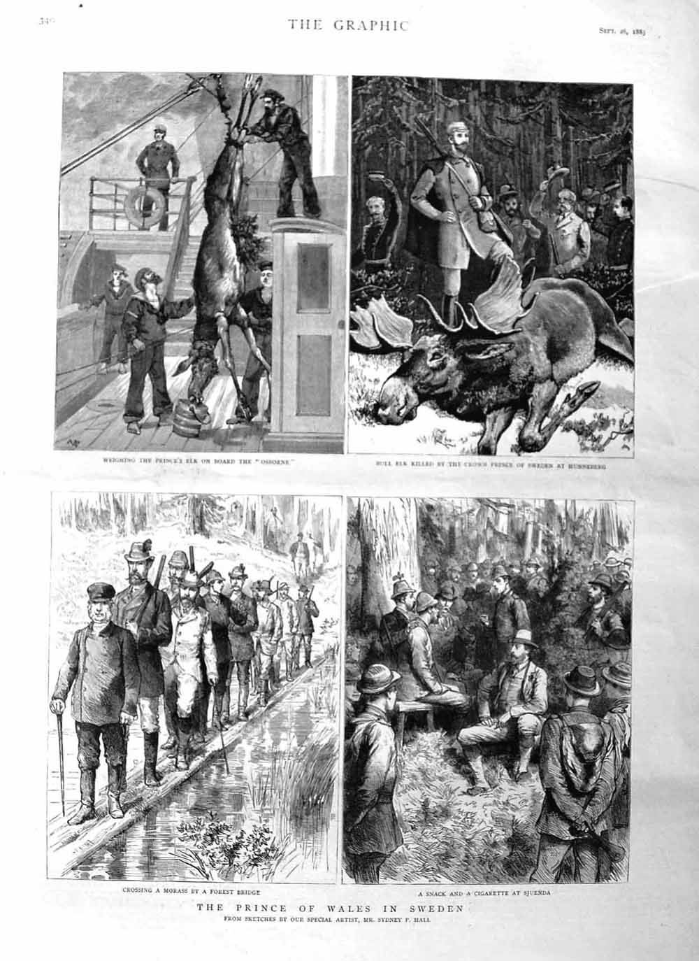 Original Old Antique Print 1885 Prince Wales Sweden Elk Osborne Ship Hunneberg