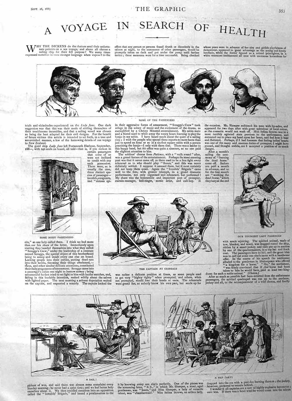 Original Old Antique Print 1885 Ship Passengers Doctors New Zealand Sheep 19th