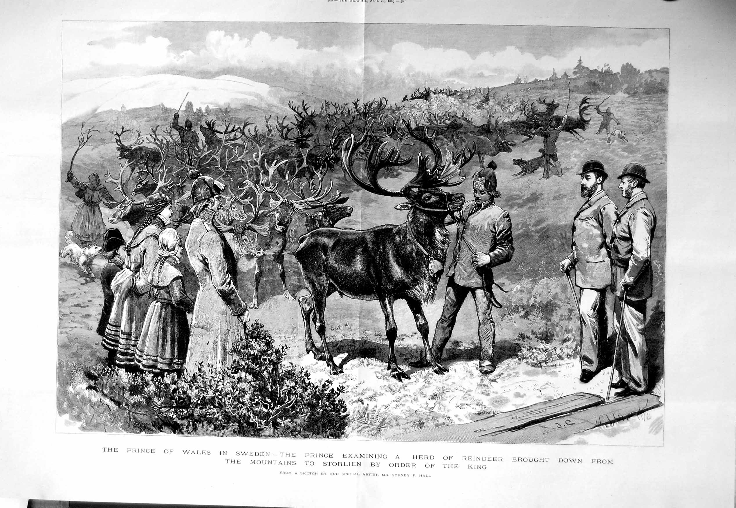 Old Antique Print 1885 Prince Wales Sweden Reindeer Mountains Storlien 19th