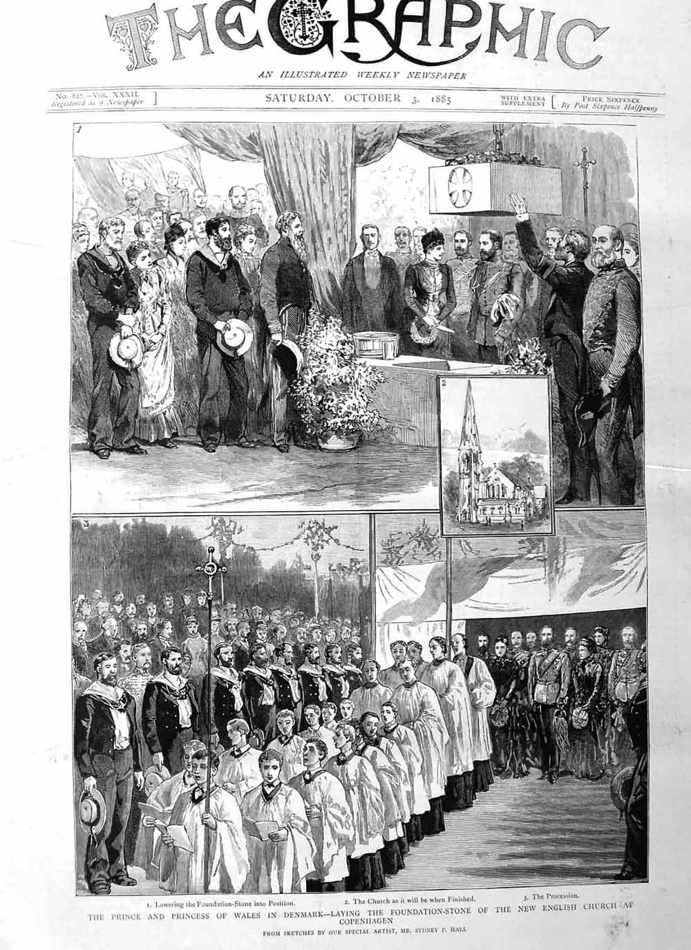 Original Old Antique Print 1885 Prince Wales Denmark English Church Cop 19th