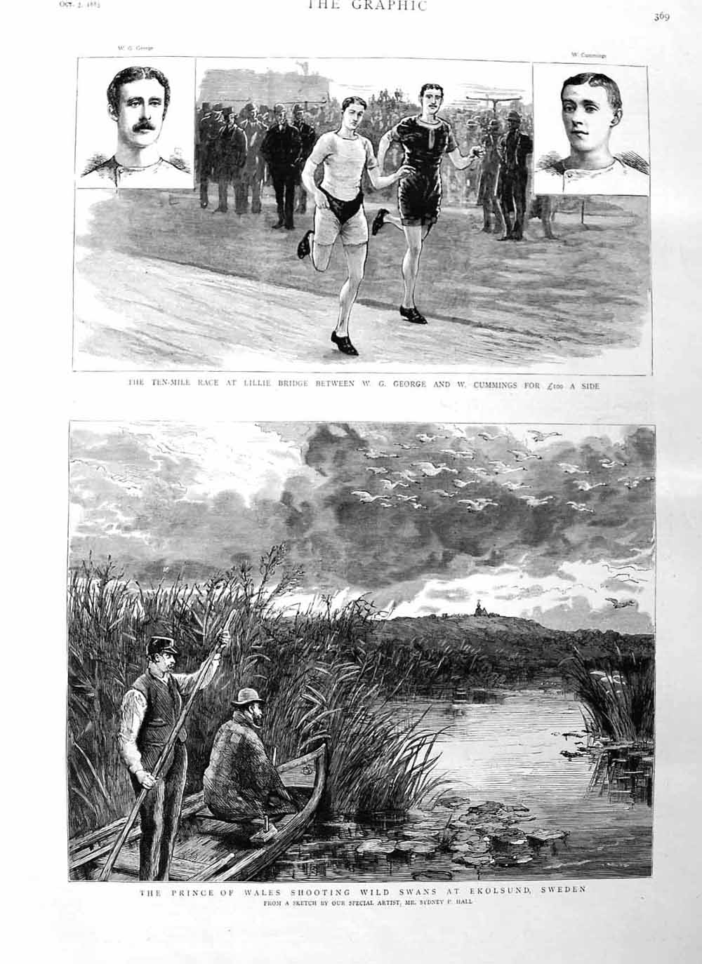 Old Antique Print 1885 Prince Wales Shooting Swans Sweden Lillie Sports 19th